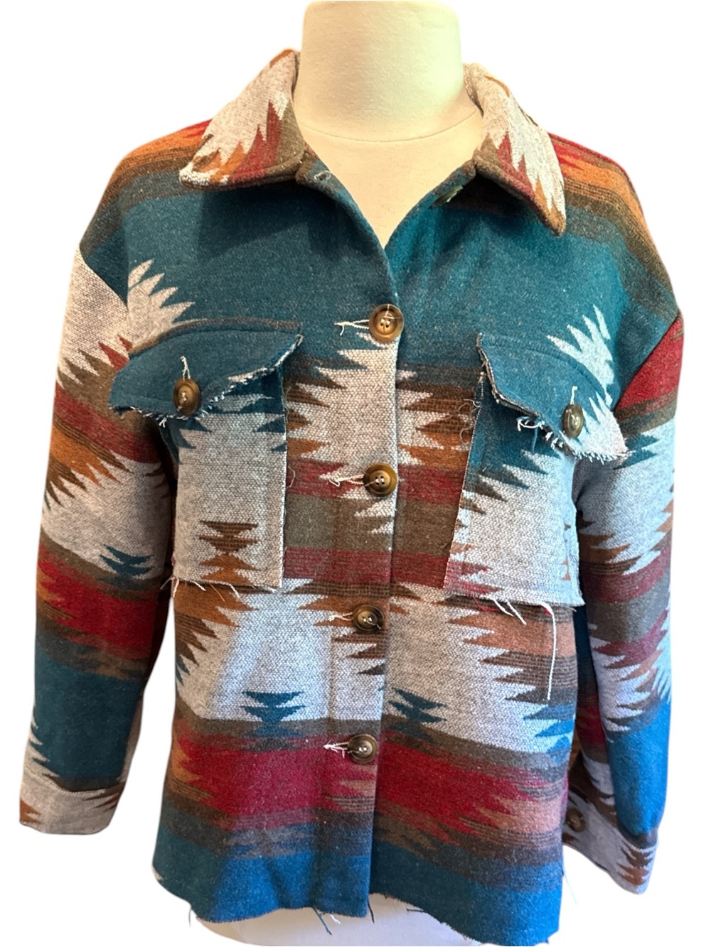 Southwestern-Pattern Utility Jacket in Teal & Rust